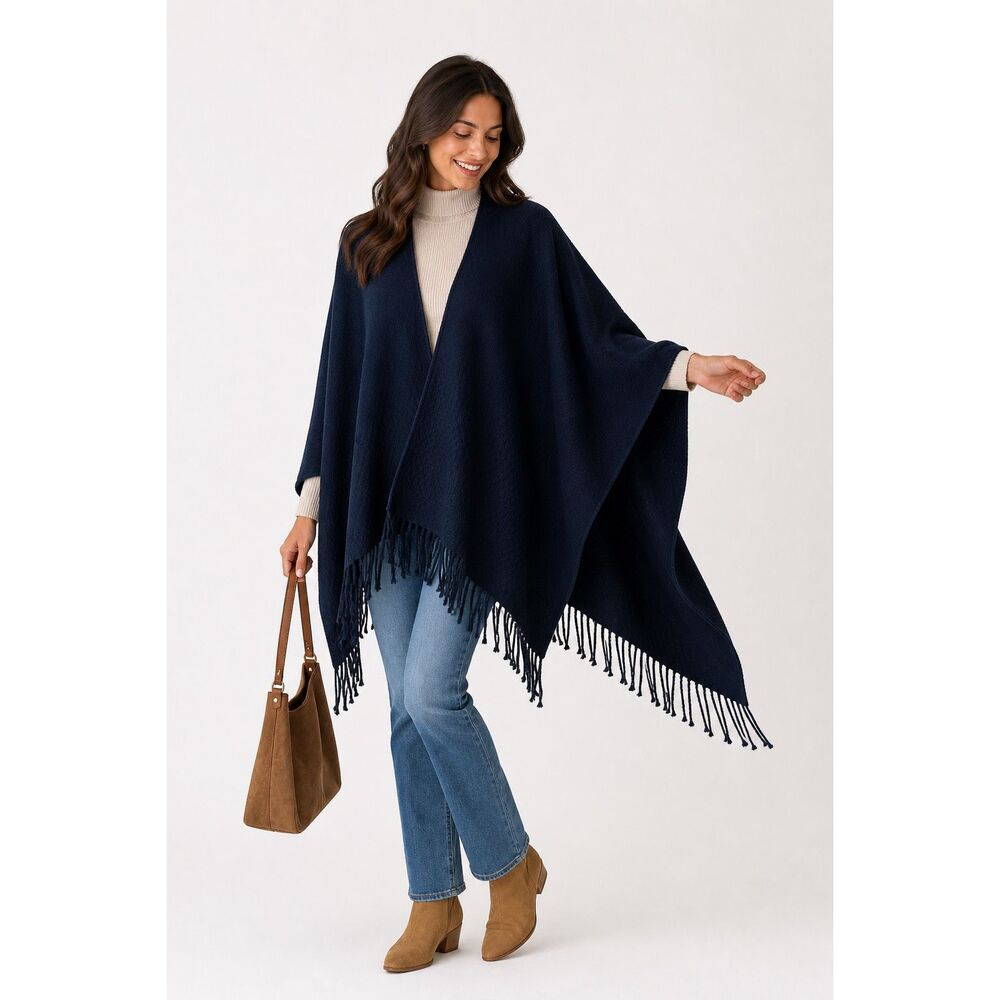 Mersea Classic Travel Wrap One Size Poncho Shawl Navy Blue Tassels Fringe